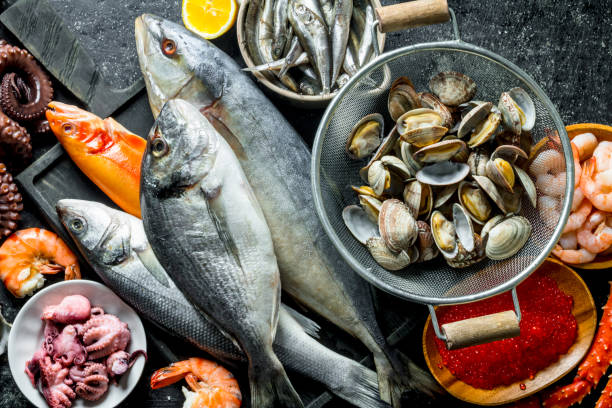 istock Fresh fish with caviar, shrimp and oysters. 1156026398