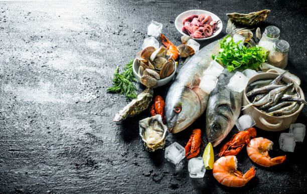 istock Raw fish with crayfish, shrimp and oysters. 1156026447