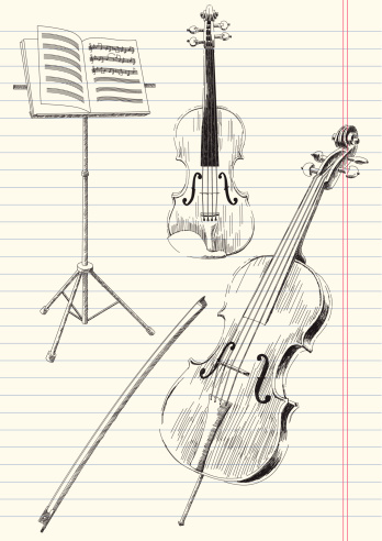 Black and white drawing of classical stringed music instruments.