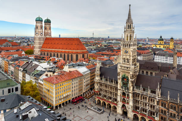 Aerial cityscape of Munich historical center with New Town Hall on Marienplatz and Frauenkirche. Germany Aerial cityscape of Munich historical center with New Town Hall on Marienplatz and Frauenkirche. Munich. Germany munich cathedral photos stock pictures, royalty-free photos & images