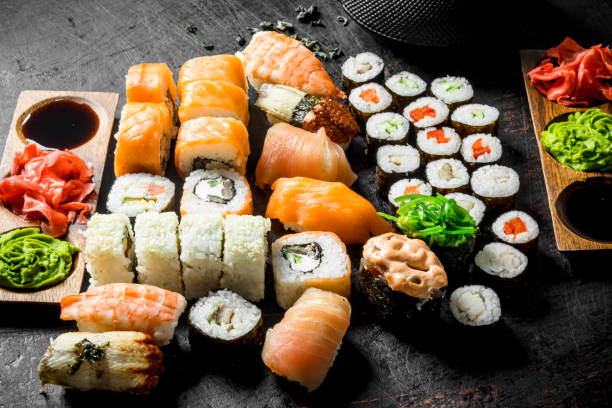 istock Set of sushi rolls with ginger and soy sauce. 1156029330