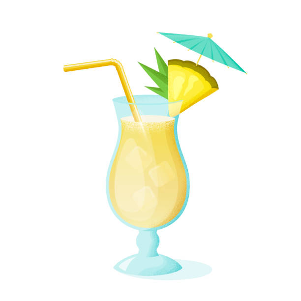 Pina Colada cocktail with pineapple isolated on white background. Vector. Pina Colada cocktail with pineapple slice, straw and umbrella. A glass of alcoholic drink isolated on white background. Vector illustration. tropical drink stock illustrations