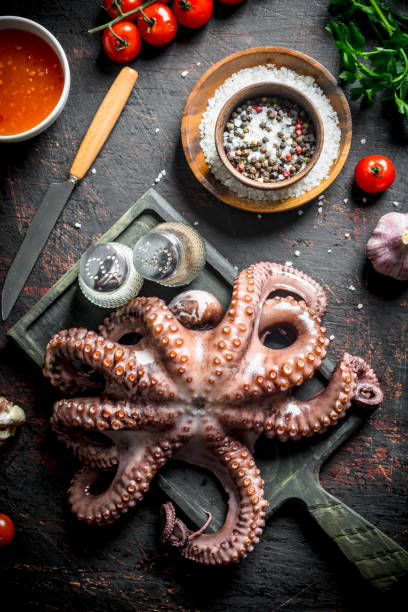 istock Octopus on a cutting Board with garlic and spices. 1156030593