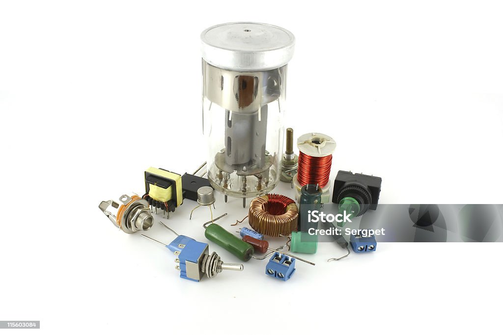 Electronic components with radio valve Electronic components with radio valve, over white. Airtight Stock Photo