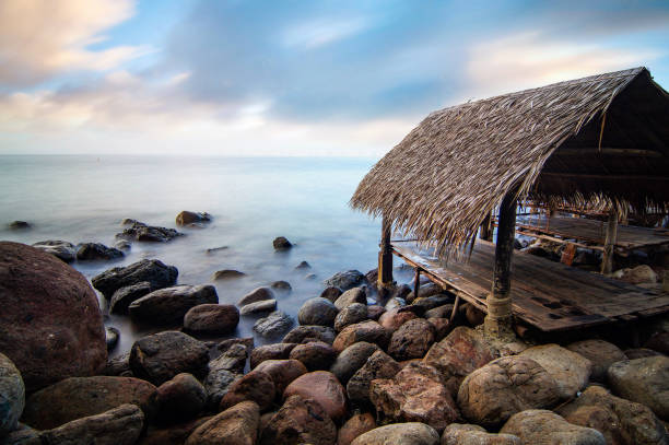 View of Da Nang beach with stones and waves