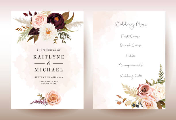 Moody boho chic wedding vector bouquet cards Moody boho chic wedding vector bouquet cards. Warm fall and winter tones. Orange red, taupe, burgundy, brown, cream, gold, beige, sepia autumn colors. Rose flowers, dahlia, ranunculus, pampas grass floral menu card stock illustrations