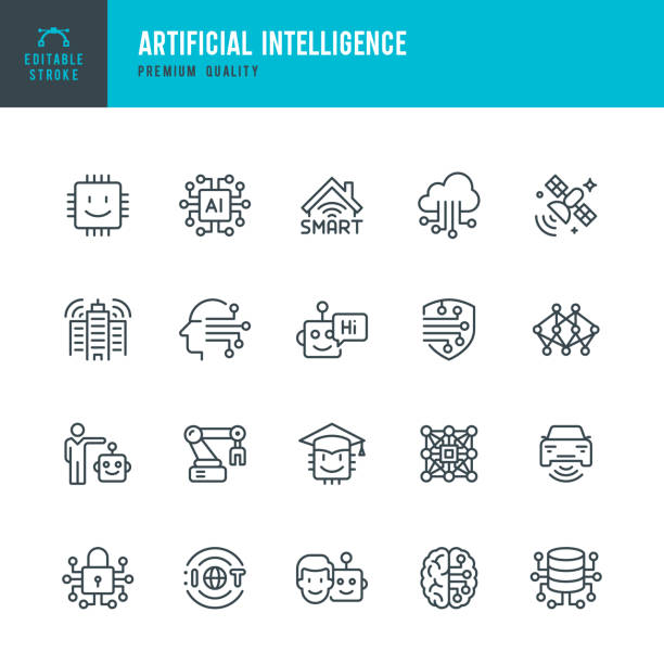 Artificial Intelligence - set of line vector icons Set of 20 Artificial Intelligence & Internet of Things line vector icons. Robots, Artificial Intelligence, Machine Learning, Computer Chip, Big Data, Smart Home and so on. robot icons stock illustrations