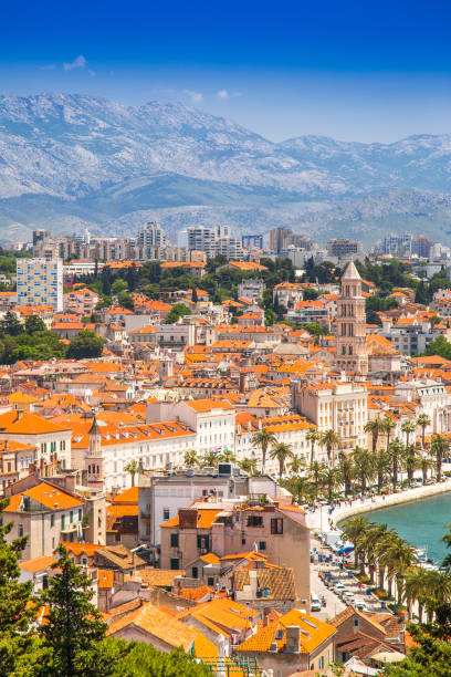 Panorama of the old town of Split in Dalmatia, Croatia. City center. Panorama of the old town of Split in Dalmatia, Croatia. City center, palace of Roman emperor Diocletian and cathedral. Popular tourist destination in Europe. split croatia stock pictures, royalty-free photos & images