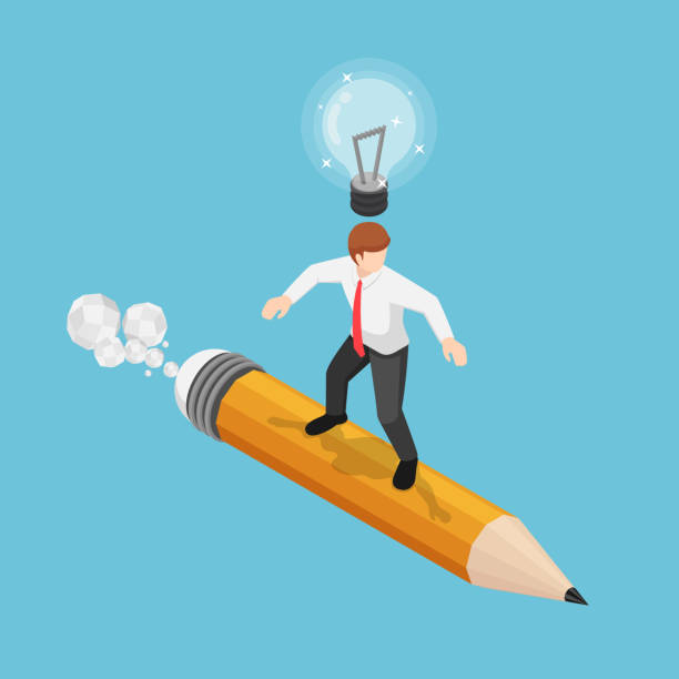 illustrations, cliparts, dessins animés et icônes de homme d'affaires isométrique surfant sur le crayon avec l'ampoule au-dessus de sa tête - business leadership backgrounds light bulb