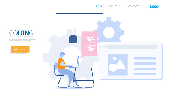 illustration of man working with coding vector landing page background