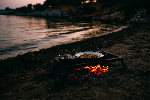 istock Food Cooked on Campfire Burning on the Beach 1156054620