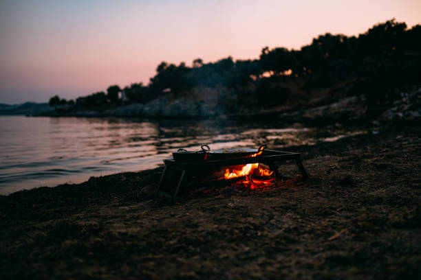 Barbecue with big fire ready to grill meat