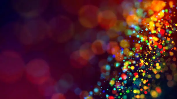Photo of cloud of multicolored particles in the air like sparkles on a dark background with depth of field. beautiful bokeh light effects with colored particles. background for holiday presentations. 28