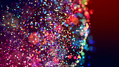 cloud of multicolored particles in the air like sparkles on a dark background with depth of field. beautiful bokeh light effects with colored particles. background for holiday presentations. 101