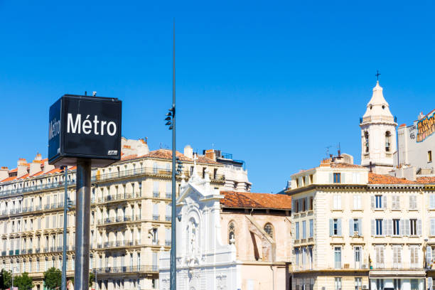 A Metro (subway) sign in the city center in a summer sunny day Marseille, France - September 20, 2015: A Metro (subway) sign in the city center in a summer sunny day marseille station stock pictures, royalty-free photos & images