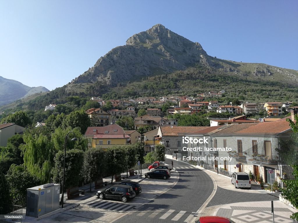 Foglianise - Panorama of the village Foglianise, Campania, Italy - June 13, 2019: Panoramic view of the town and Mount Pentime Benevento Stock Photo