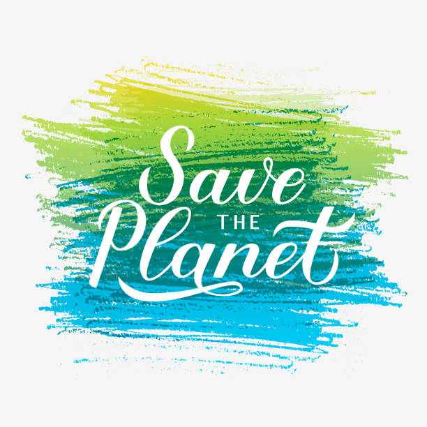다채로운 브러시 스트로크 배경에 행성 서예 문자를 저장합니다. 에코 및 환경 동기 부여 포스터입니다. 지구 일 벡터 그림입니다. 배너, 디자인, 전단지 등을위한 템플릿 - earth day banner placard green stock illustrations