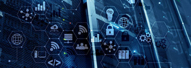 istock ICT - information and telecommunication technology and IOT - internet of things concepts. Diagrams with icons on server room backgrounds. 1156072391