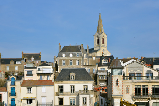 Bell tower of church Saint Gilles of Pornic, a municipality located in the Loire-Atlantique department in the Pays de la Loire region of western France