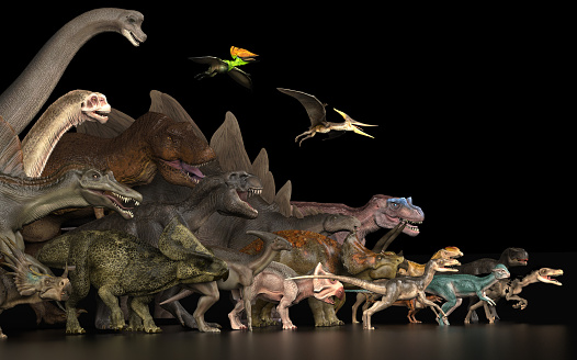 Large group of dinosaurs standing together on black floor left side view 3d render