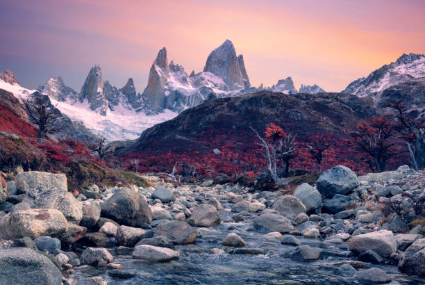 Fitzroy mountain at sunset. View on small river and autumn painted hills in red color in Los Glaciares National Park, Patagonia, Argentina. Andes Colorful Autumn in  Los Glaciares National Park, Patagonian Andes, Argentina. argentina nature andes autumn stock pictures, royalty-free photos & images