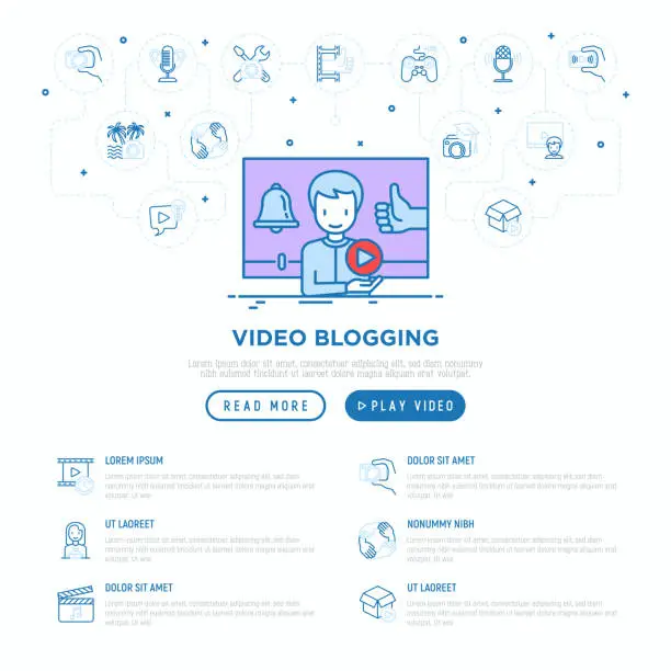 Vector illustration of Video blogging concept with thin line icons: blogger in vlog with thumbs up and bell. Modern vector illustration, web page template on gradient background.