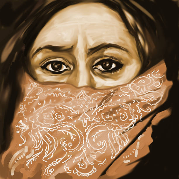 Fashionable illustration allegory modern work of art my original oil painting impressionism sepia portrait face of a middle-aged woman of the east Arab countries with a closed brown with an embroidery chador face expressive look black eyes and long black Fashionable illustration allegory modern work of art my original oil painting impressionism sepia portrait face of a middle-aged woman of the east Arab countries with a closed brown with an embroidery chador face expressive look black eyes and long black with gray hair on a dark night sky background black face paint stock illustrations