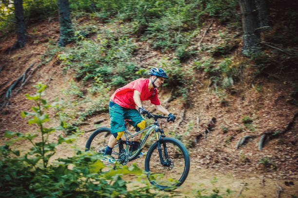 istock Mountain biker riding on bike on forest dirt trail 1156082409