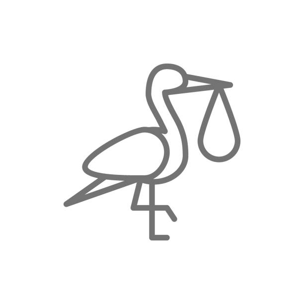 kranvogel mit babytasche, storch linie symbol. - storchenvogel stock-grafiken, -clipart, -cartoons und -symbole