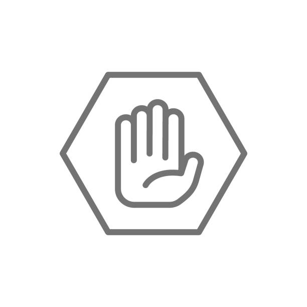 ilustrações de stock, clip art, desenhos animados e ícones de hand in hexagon, do not touch, no sign allowed line icon. - construction industry business warning symbol