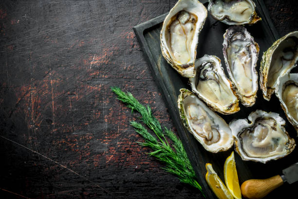 istock Fresh oysters on a cutting Board with dill and lemon. 1156083718