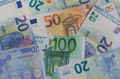 Evro Money banknotes.Currency of the united Europe. Colorful background.