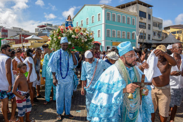 People during the celebration of Yemanja at Salvador Bahia on Brazil stock photo