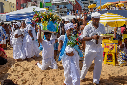 Salvador, Brazil - 2 February 2019: people during the celebration of Yemanja at Salvador Bahia on Brazil