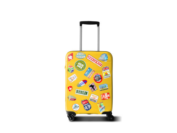 Travel suitcase Yellow bag on the white background Isolated On Yellow stock pictures, royalty-free photos & images