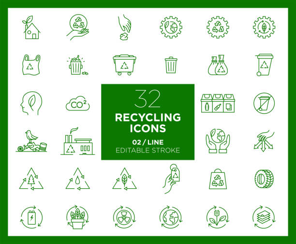 satz von recycling-symbolen in der linie - recycle symbol stock-grafiken, -clipart, -cartoons und -symbole