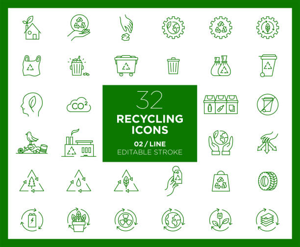 zestaw ikon recyklingu w wierszu - recycling symbol stock illustrations