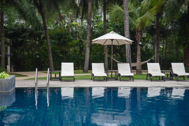 istock Beach chairs and umbrella beside swimming pool 1156092164
