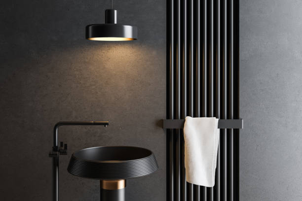 istock Sink close up in black bathroom interior 1156092180