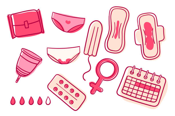 vektor-set von weiblichen hygieneprodukten. menstruationszyklus. frauenkritische tage. set von frauen bedeutet persönliche hygiene vektor-illustration. menstruationsbecher, sanitärserviette, tampon - sanitary stock-grafiken, -clipart, -cartoons und -symbole