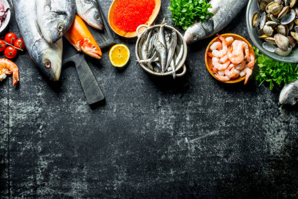 istock Fresh fish with caviar, shrimp and oysters. 1156095338