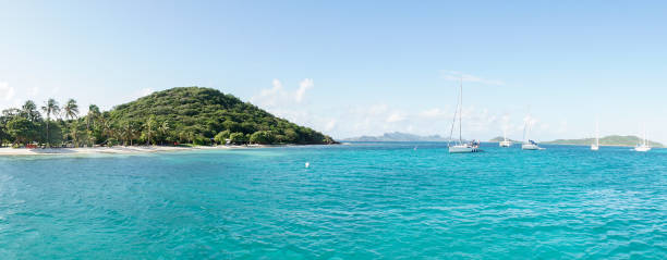 Tropical ocean and beach with sail boat yacht in the Tobago Cays, Saint Vincent and the Grenadines, Caribbean. stock photo