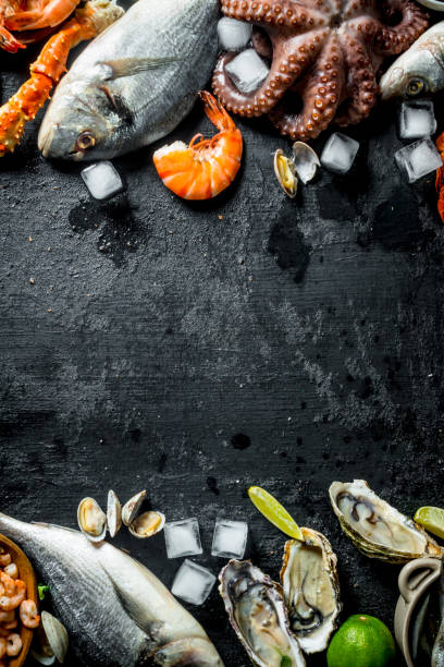 istock Healthy diet of seafood on ice. 1156098049