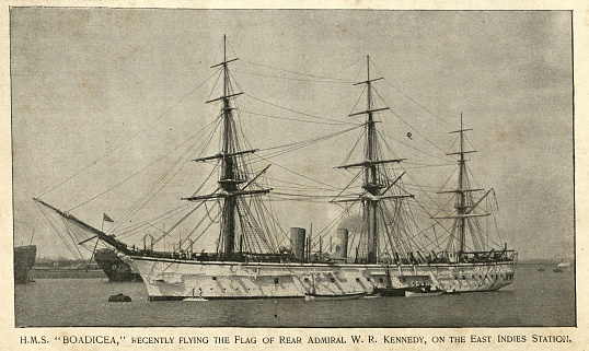 Vintage photograph of Royal Navy warship, HMS Boadicea, Bacchante-class corvette, 1895, 19th Century