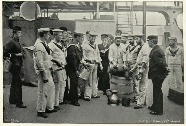 Vintage photograph of Royal navy sailors receving a ration of Grog on board HMS Royal Sovereign, 19th Century