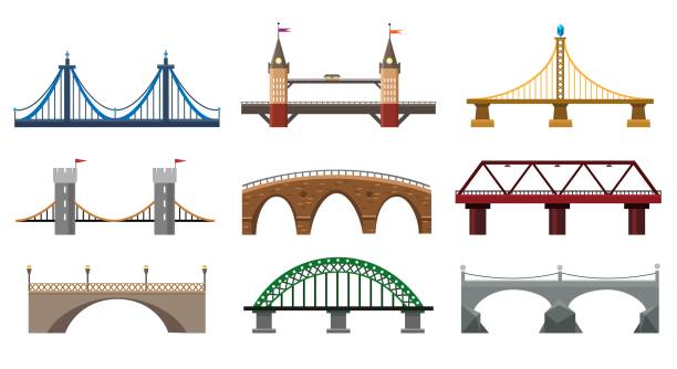 illustrations, cliparts, dessins animés et icônes de ensemble de pont de fer - bridge stone bridge vector arch bridge