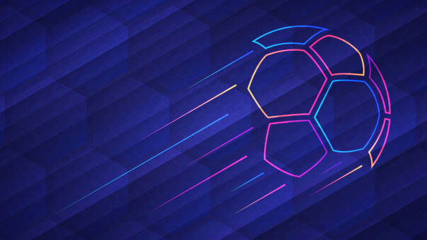 stockillustraties, clipart, cartoons en iconen met abstract gloeiende neon gekleurde soccer ball over blauwe achtergrond - voetbal teamsport