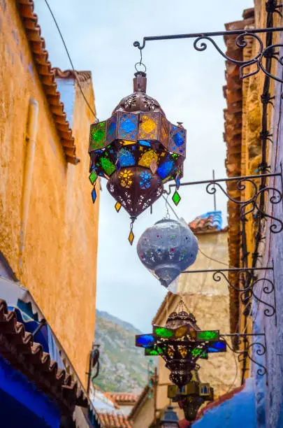 Photo of Traditional  lanterns in medina of city Chefchaouen,  Morocco, Africa.