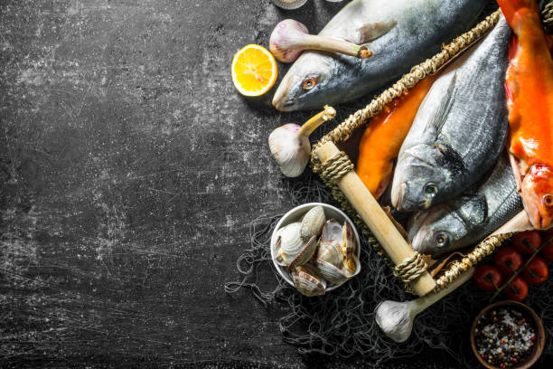 istock Various raw fish with oysters and garlic. 1156105598
