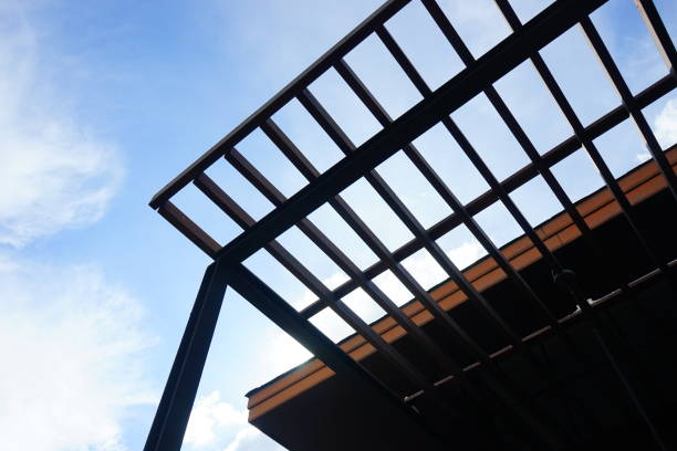 istock slat roof with sky 1156106152